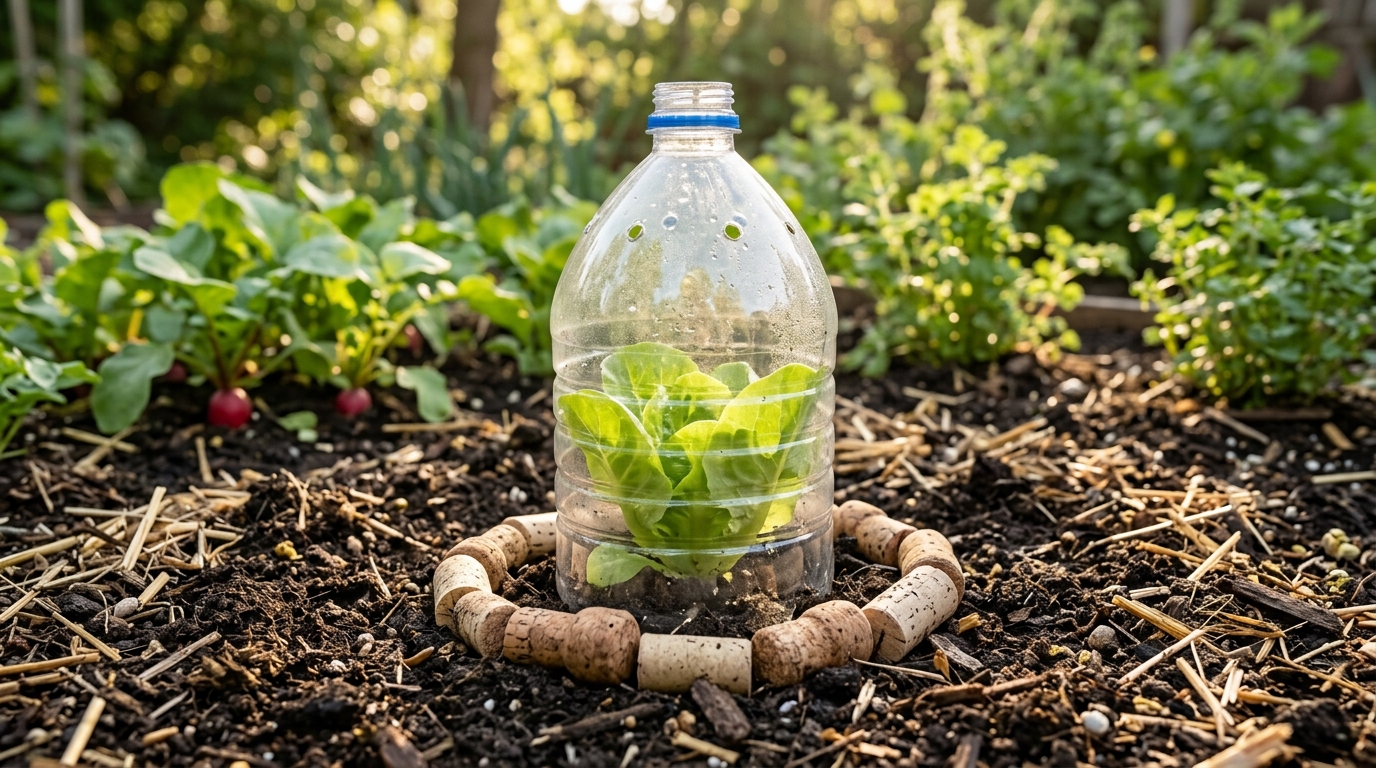 Cloche anti-limaces en bouteille plastique protégeant une jeune salade