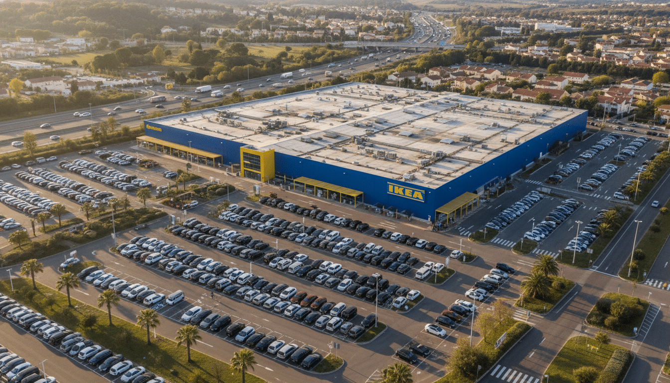 Entrepôt IKEA géant en zone commerciale périphérique