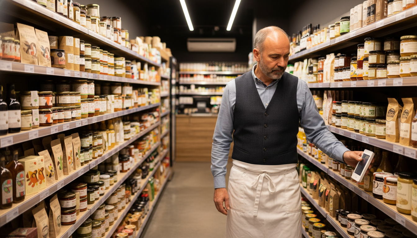 Gérant observant les prix dans un petit magasin de proximité