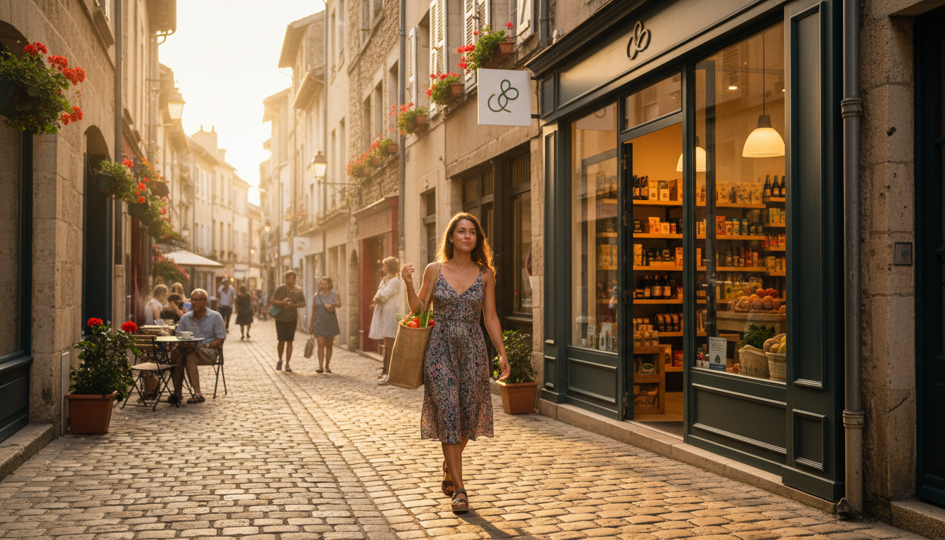 Femme faisant ses courses dans un magasin de quartier E.Leclerc