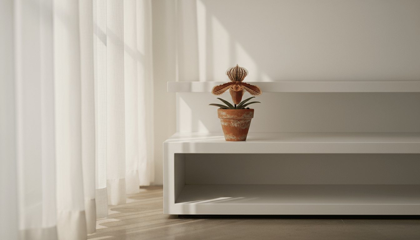 Orchidée Paphiopedilum sabot de Vénus en pot sur étagère