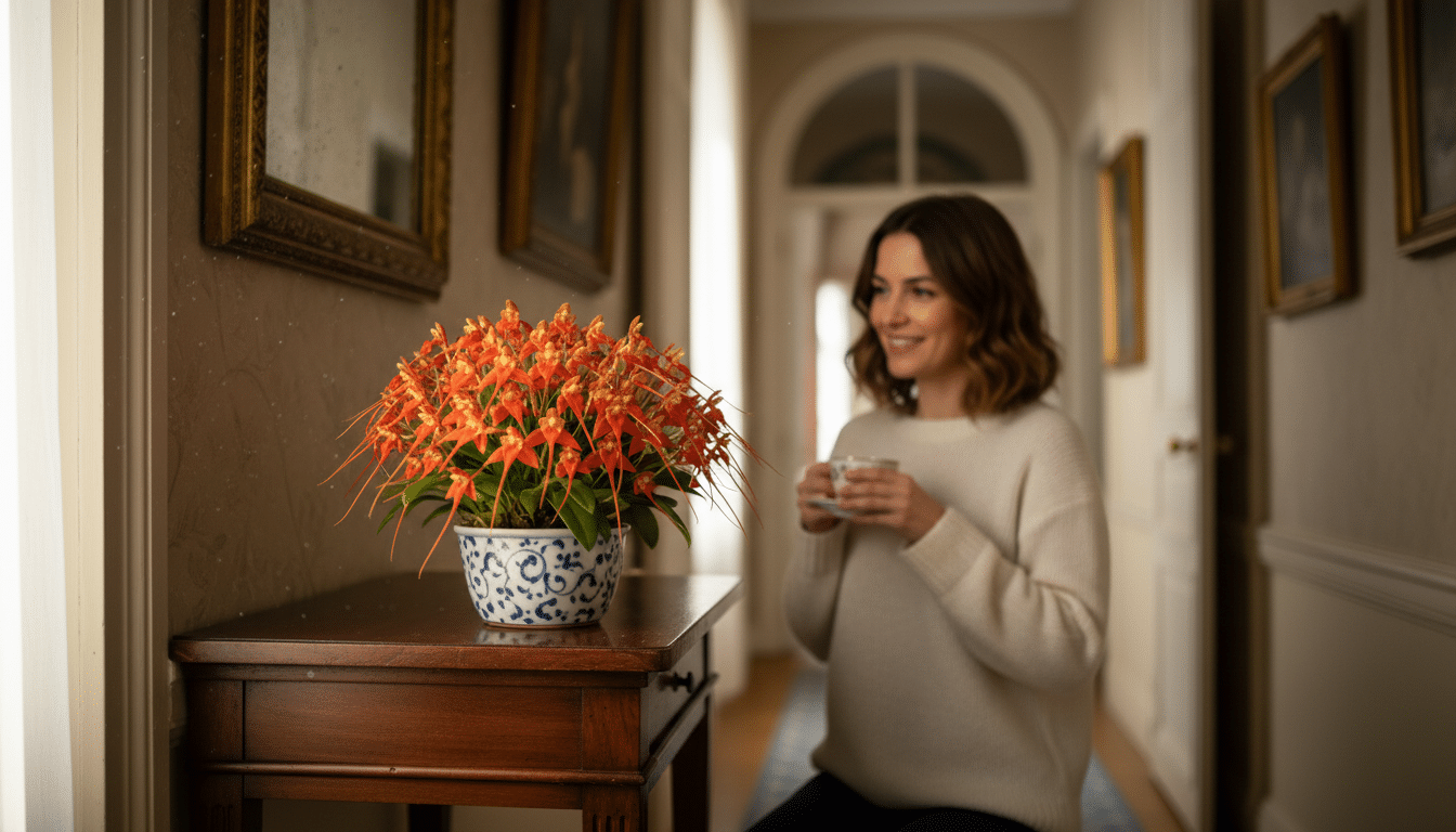 Orchidée Masdevallia aux fleurs orange dans un appartement