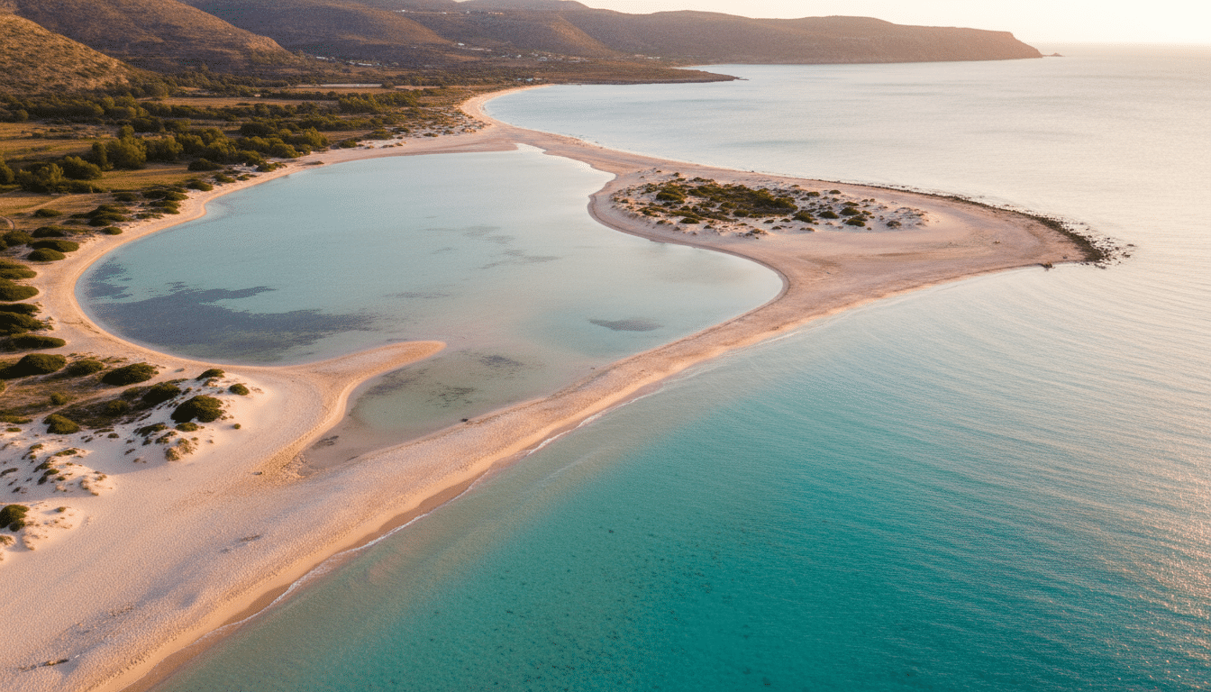 Vue aérienne de la plage d'Elafonissi en Crète au sable rose