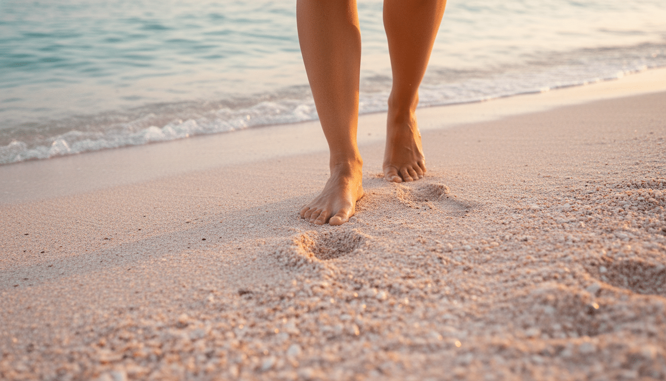 Pieds marchant sur le sable rose d'Elafonissi en Crète