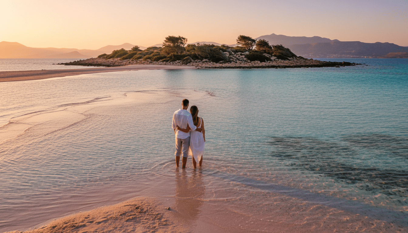 Couple dans l'eau turquoise d'Elafonissi face à la presqu'île
