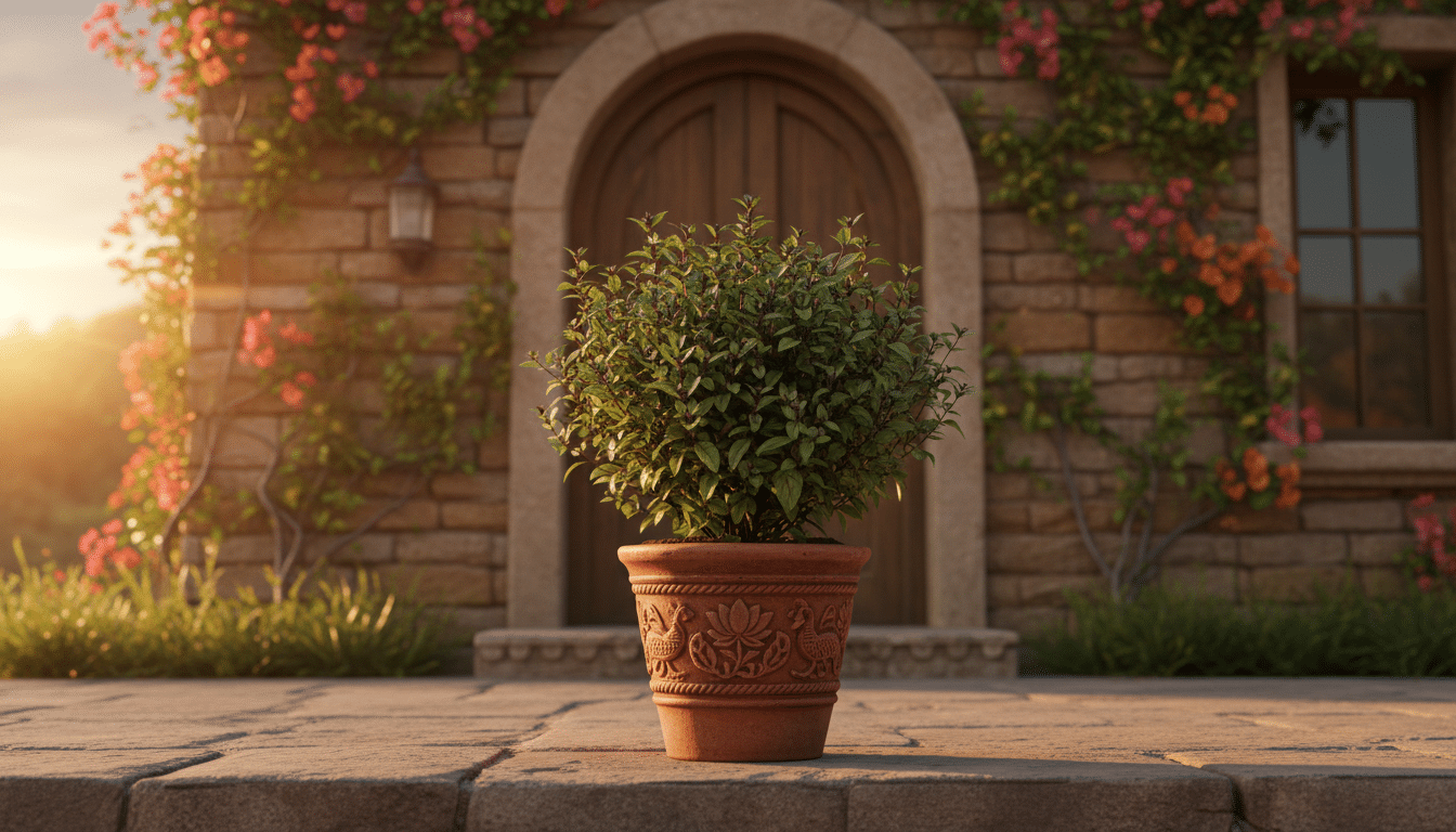 Plant de basilic Tulsi dans un pot en terre cuite devant une entrée de maison