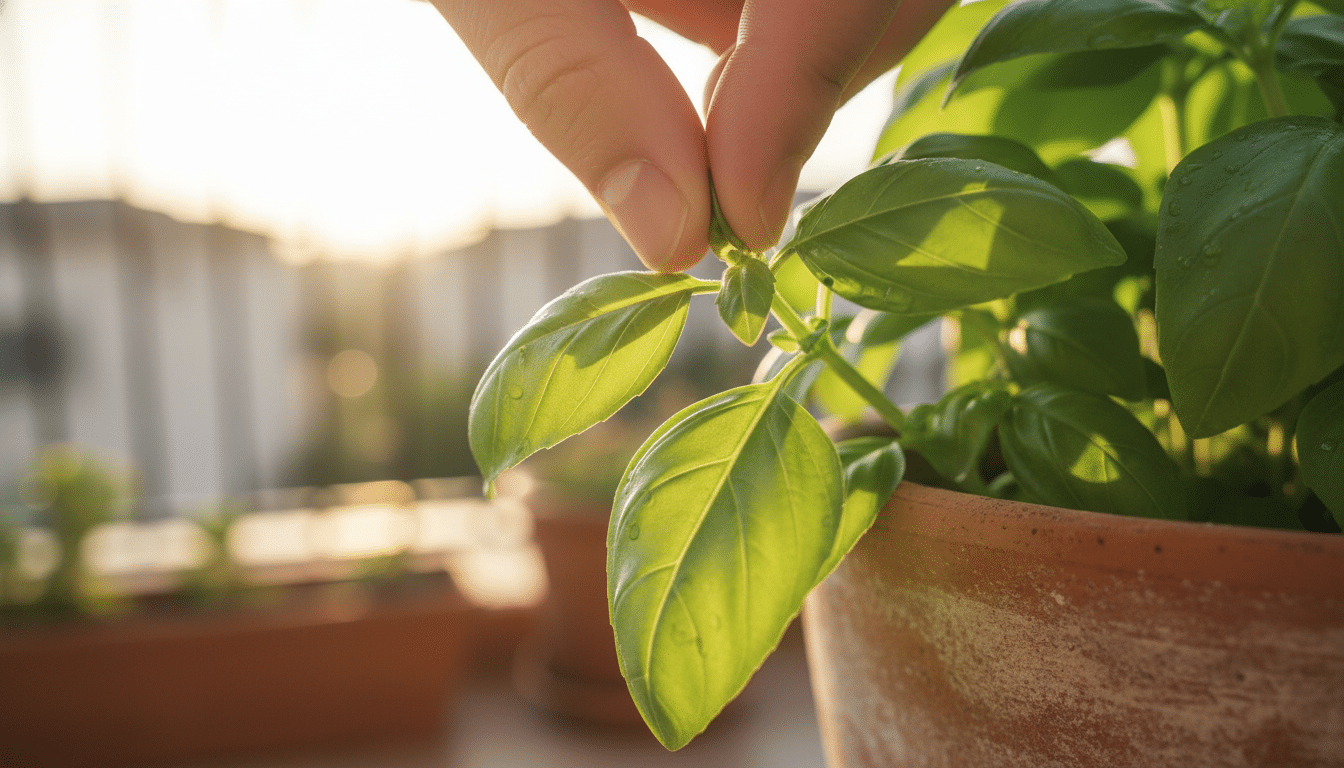 Mains pinçant la tige d'un basilic en pot sur un balcon