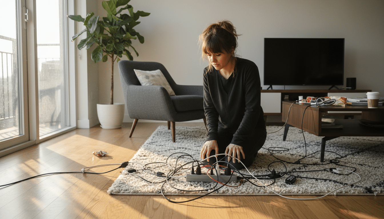 Femme agacée par une multiprise disgracieuse dans son salon