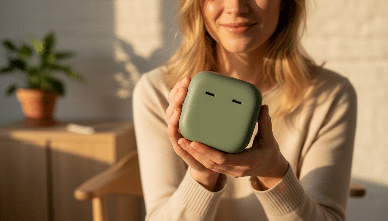 Femme tenant un cube multiprise design vert sauge