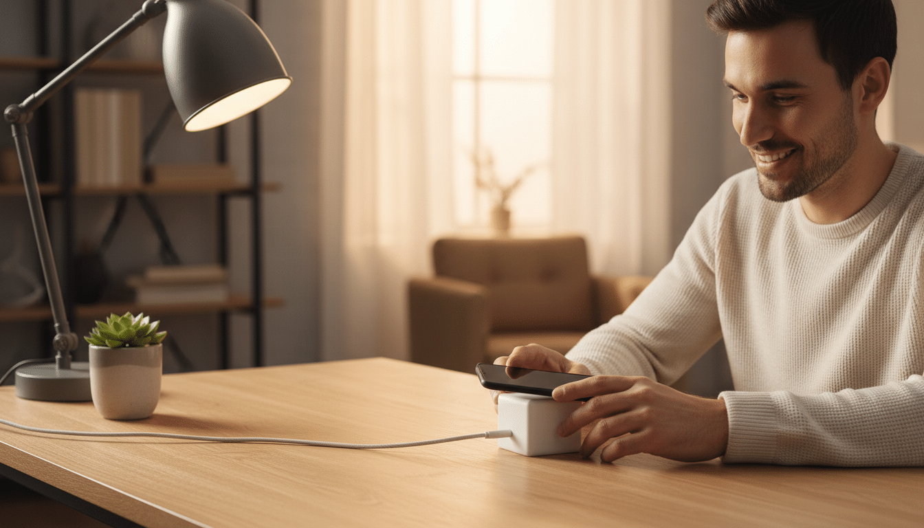 Homme chargeant son téléphone sur un cube sans fil design