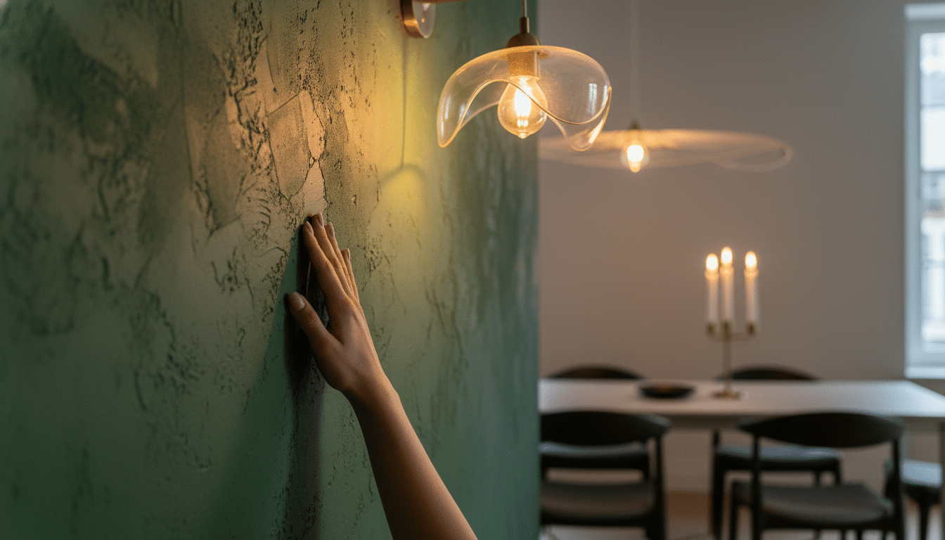 Mur texturé vert profond en enduit à la chaux avec luminaire design