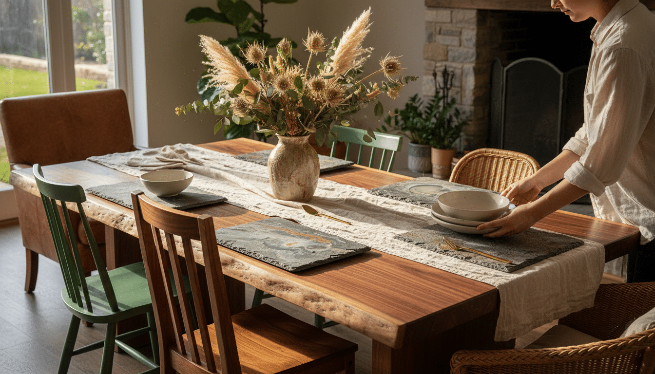 Table en noyer massif avec chaises dépareillées et décoration naturelle