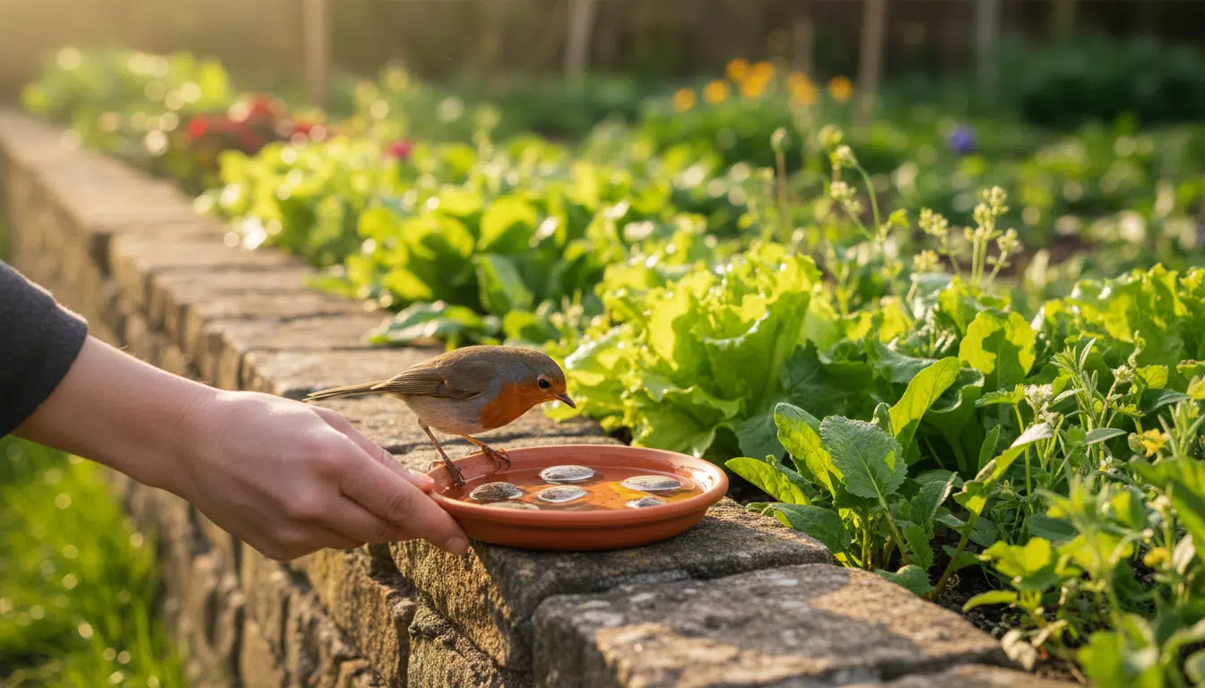 Soucoupe en terre cuite avec galets servant d'abreuvoir pour rouge-gorge au potager