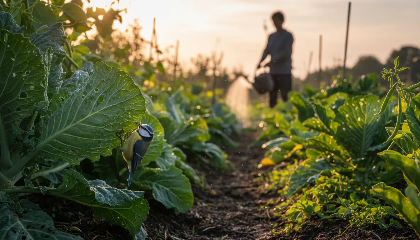 Mésange bleue chassant les insectes sous une feuille de chou au jardin