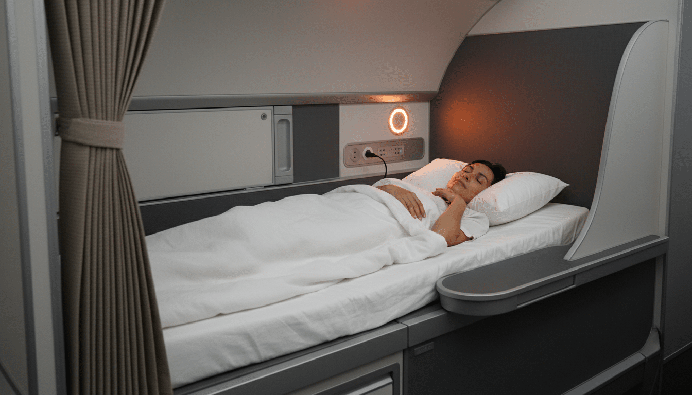 Intérieur d'un pod Skynest avec matelas et éclairage tamisé