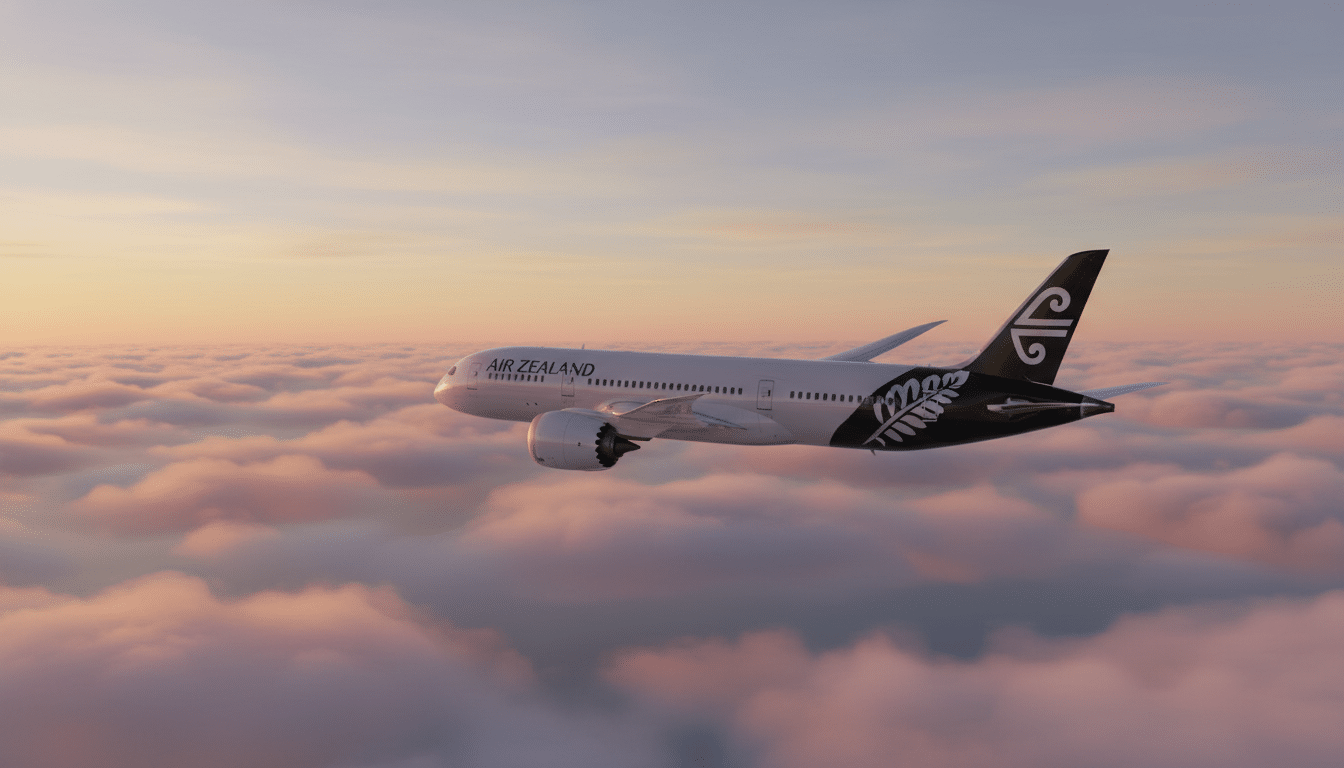 Boeing 787-9 Dreamliner survolant l'océan Pacifique au coucher du soleil