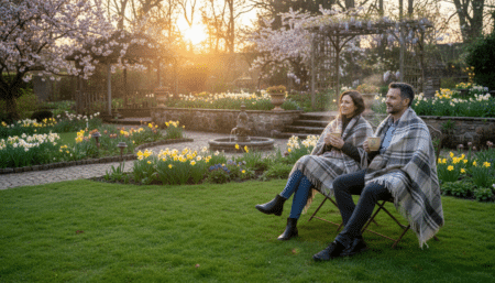 Couple dans un jardin au crépuscule en avril