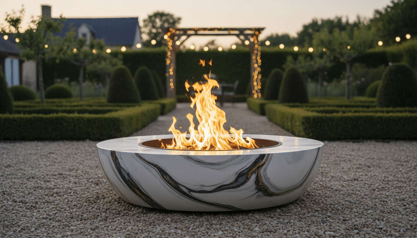 Brasero effet marbre avec flammes sur terrasse en gravier