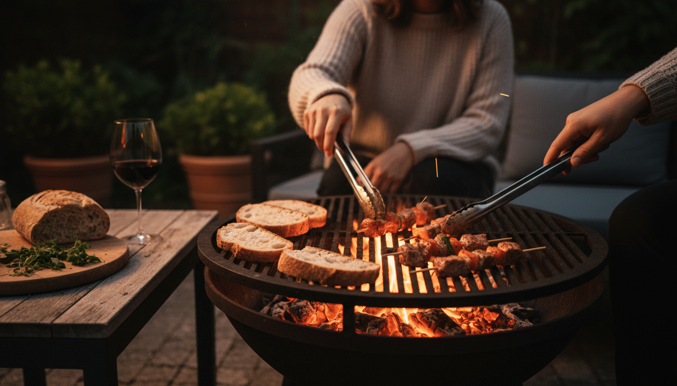 Grillades sur la grille d'un brasero de jardin