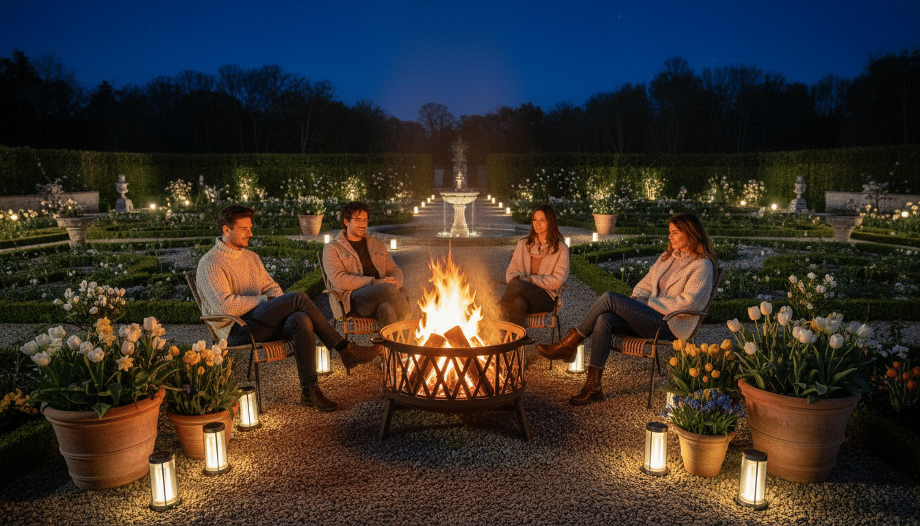 Amis réunis autour d'un brasero dans un jardin la nuit