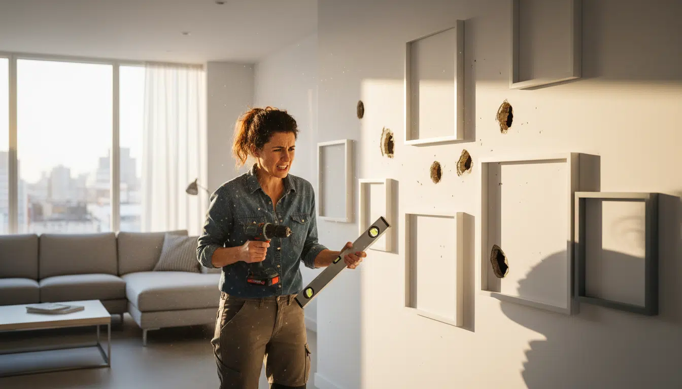 Personne frustrée avec perceuse devant un mur troué