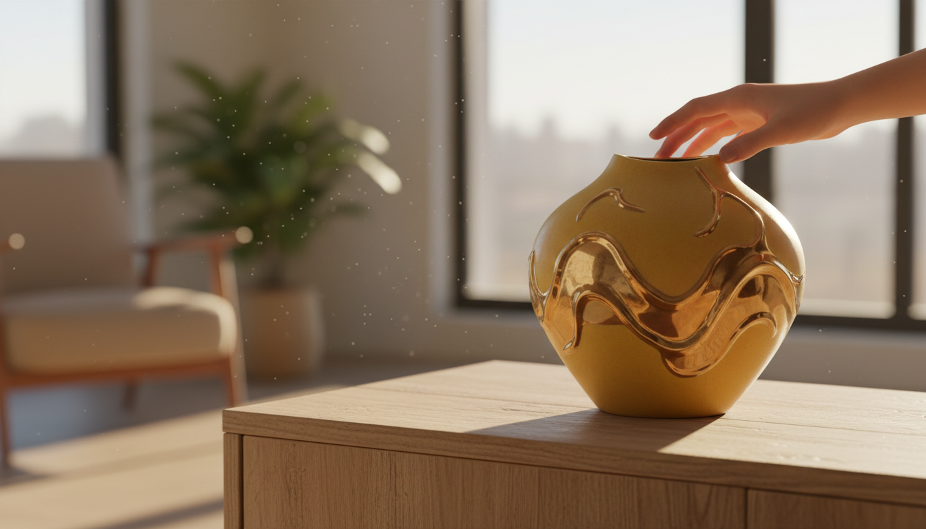 Vase céramique jaune et doré posé sur un buffet