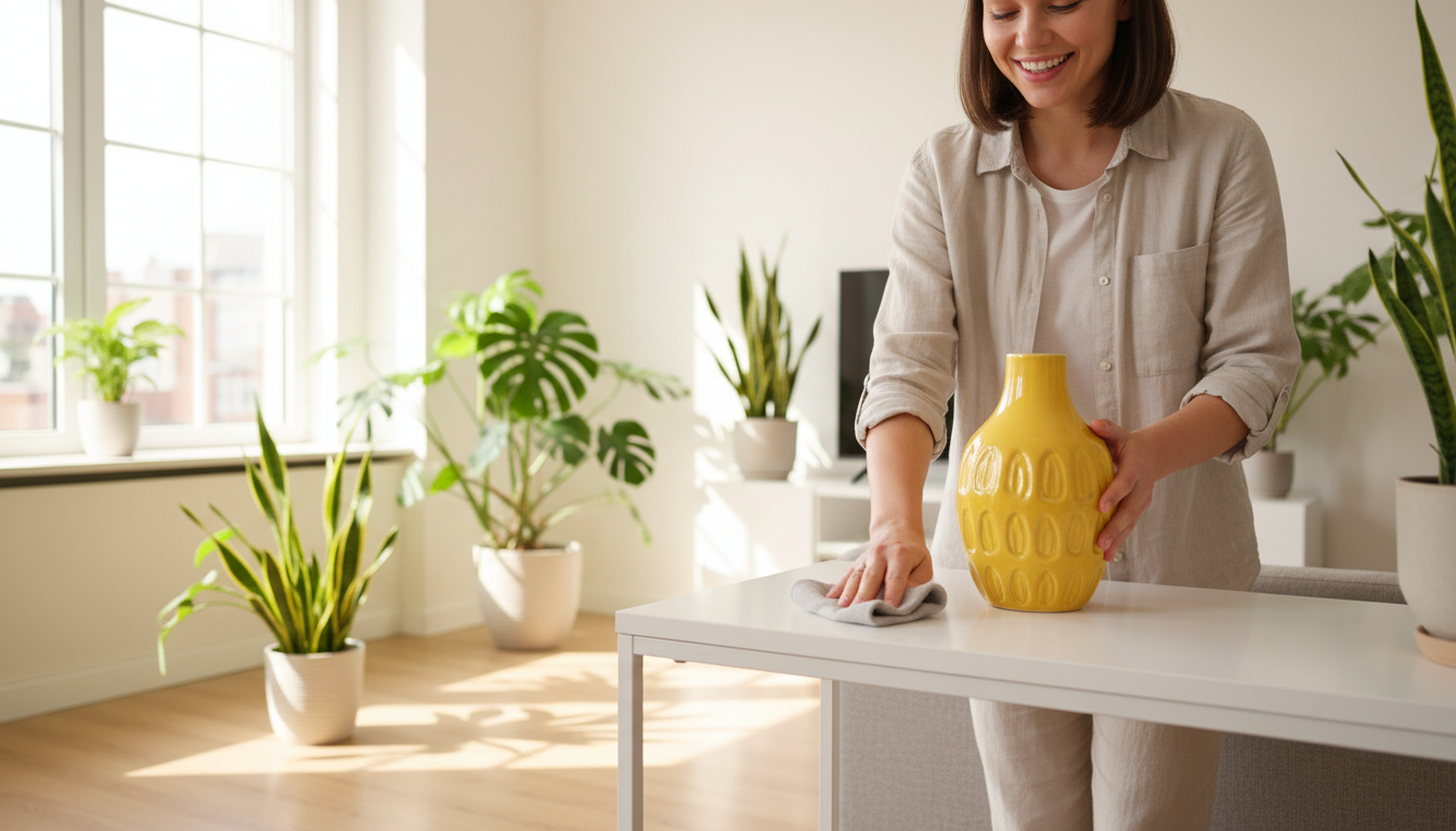Personne déplaçant facilement un vase décoratif pour le ménage