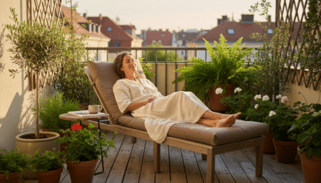 Femme se relaxant sur une chaise longue taupe sur un balcon