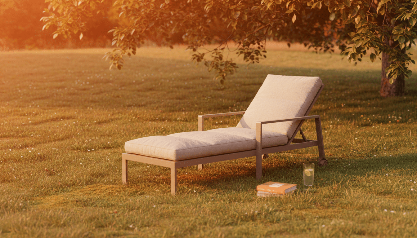 Chaise longue Action avec coussin posée dans un jardin
