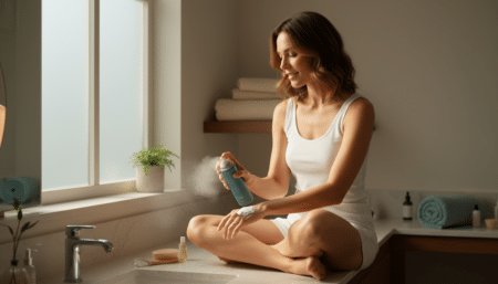 Femme appliquant une mousse autobronzante sur son bras