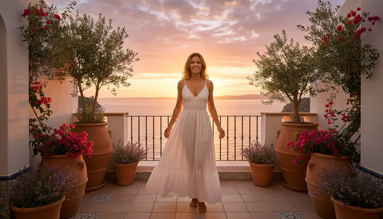 Femme au teint hâlé naturel en robe d'été