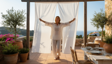 Femme installant un vieux drap comme brise-vue sur sa terrasse