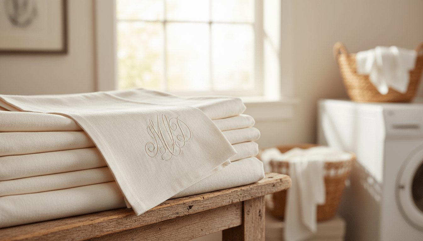 Draps anciens en coton blanc pliés avec monogramme brodé