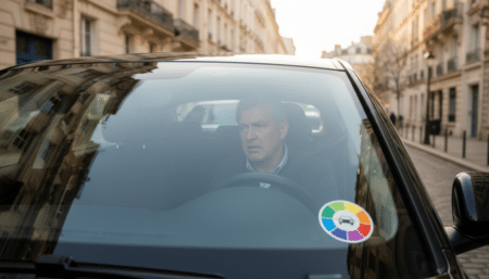 Vignette Crit'Air collée sur un pare-brise de voiture