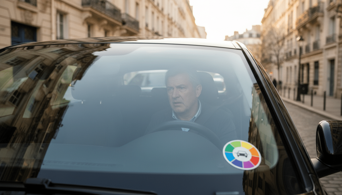 Vignette Crit'Air collée sur un pare-brise de voiture