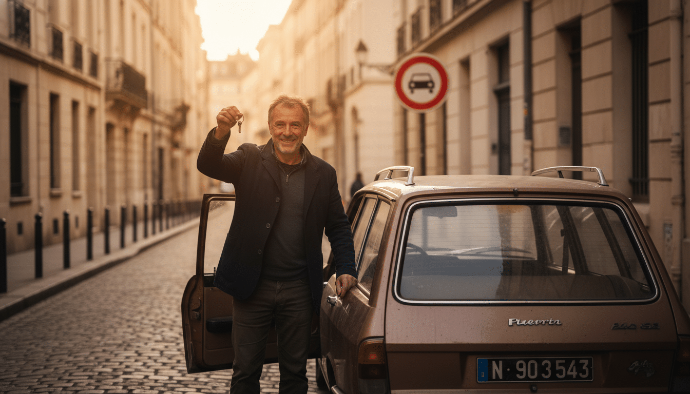 Automobiliste près de son véhicule diesel en centre-ville