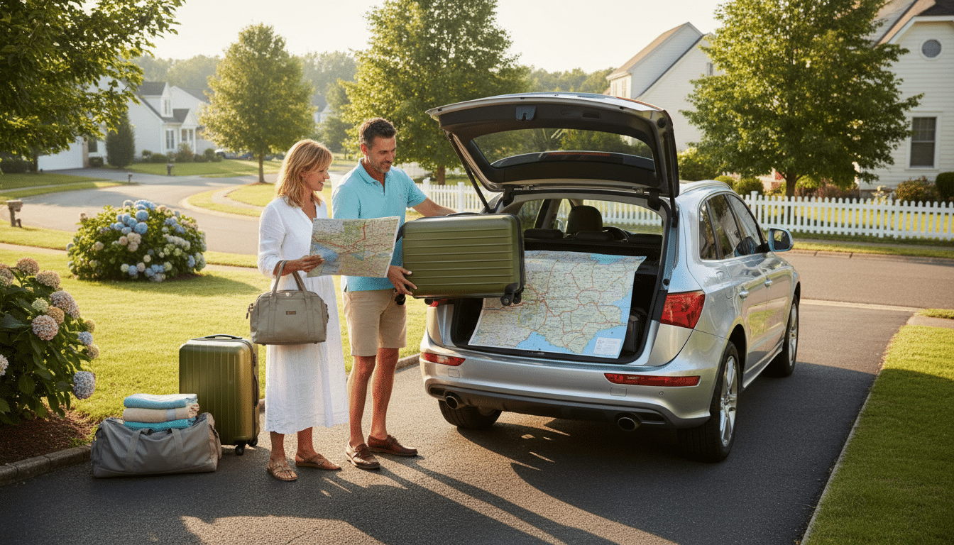 Couple français chargeant la voiture pour les vacances en France