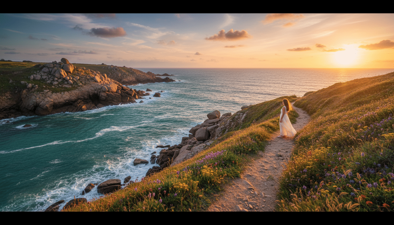 Sentier côtier en Bretagne avec falaises et océan turquoise