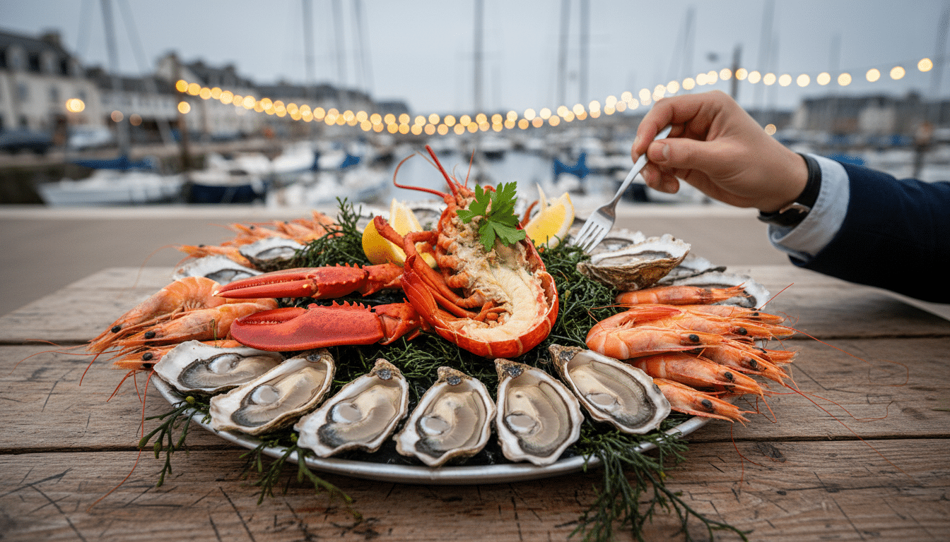 Plateau de fruits de mer avec homard dans un restaurant breton