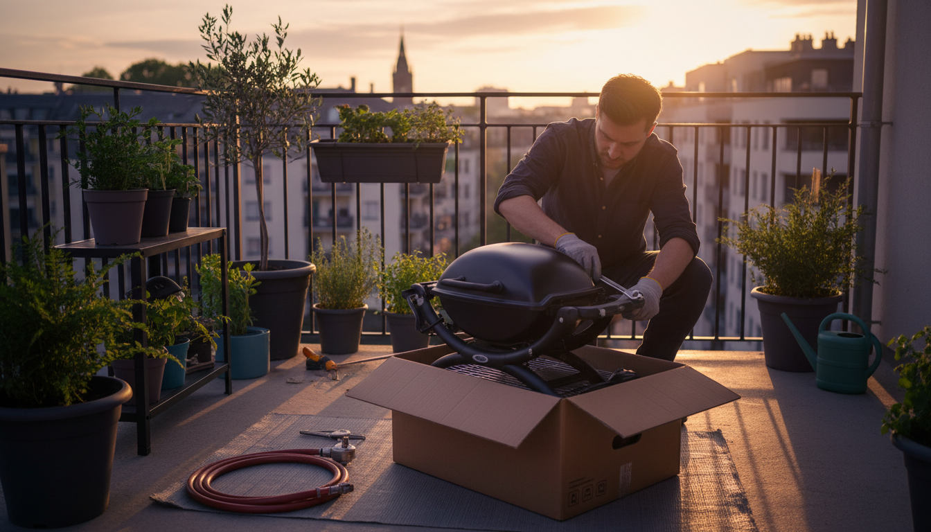 Montage du barbecue Lidl Grillmeister sur un petit balcon urbain
