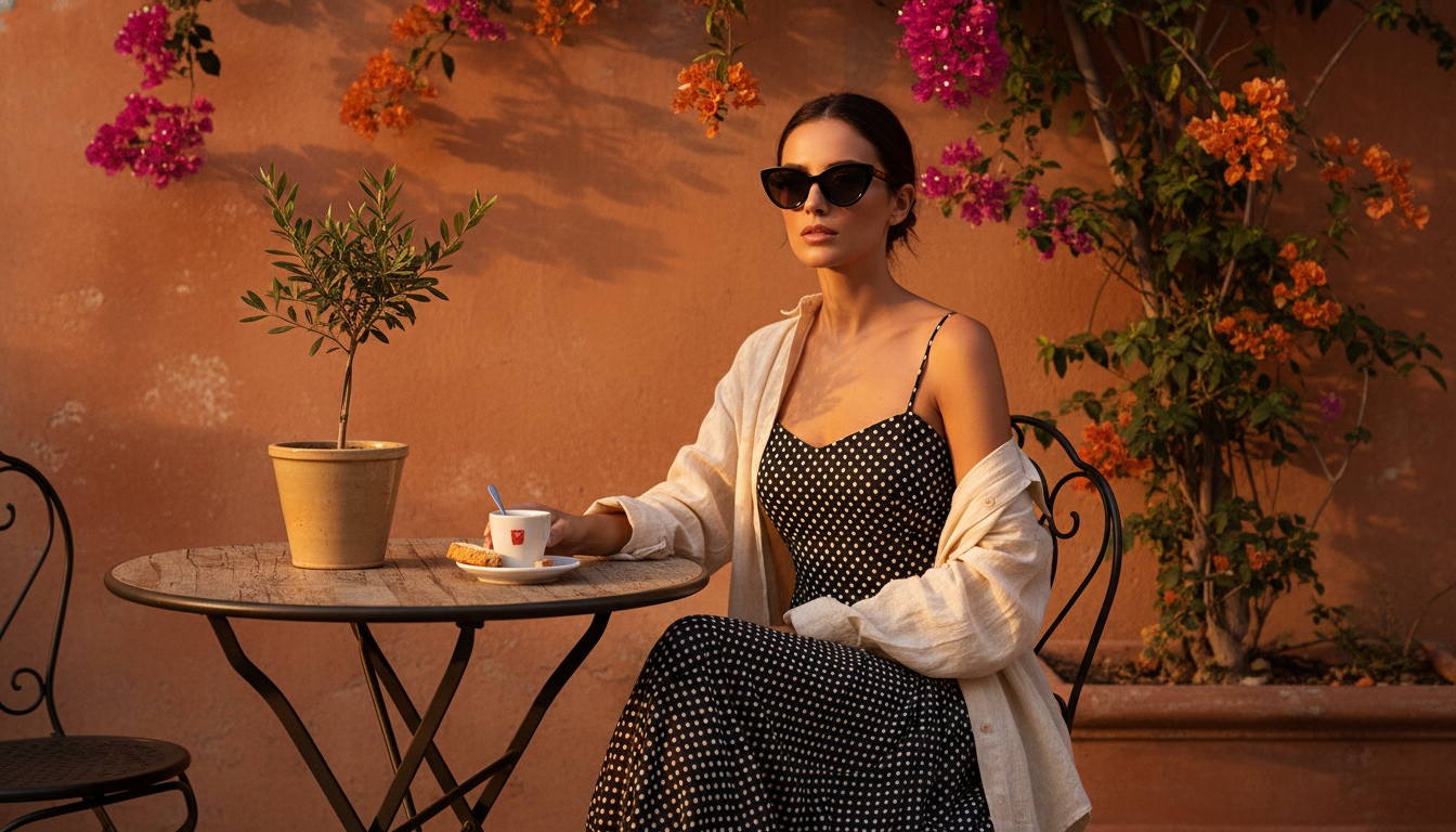 Femme en robe à pois au style dolce vita en terrasse