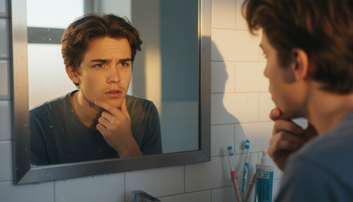 Adolescent découvrant sa barbe dans un miroir