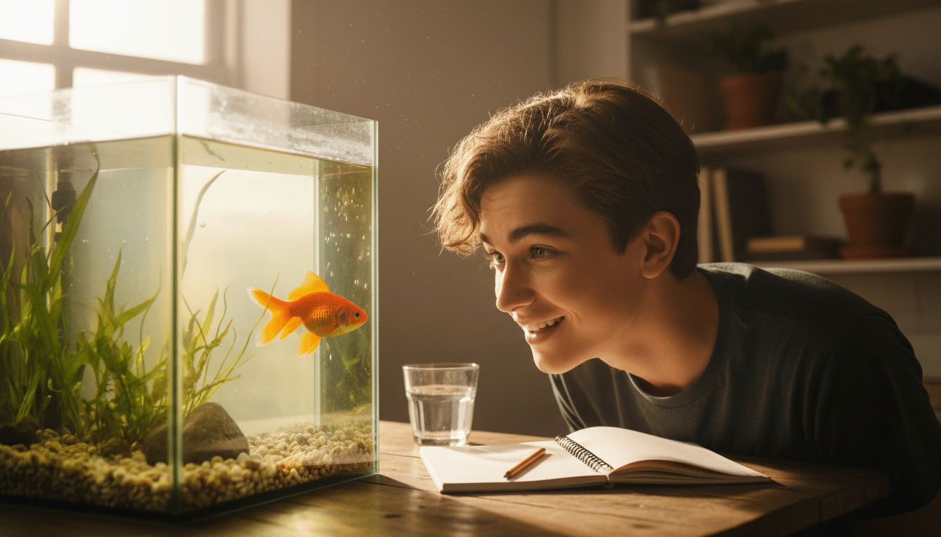 Adolescent étudiant la mémoire de son poisson rouge