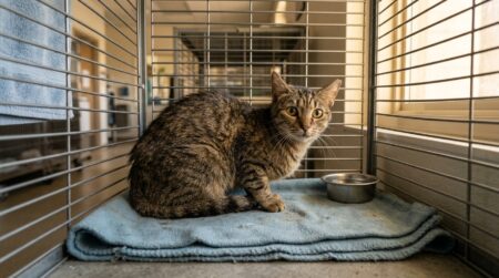 Chat amaigri et apeuré dans une cage de refuge