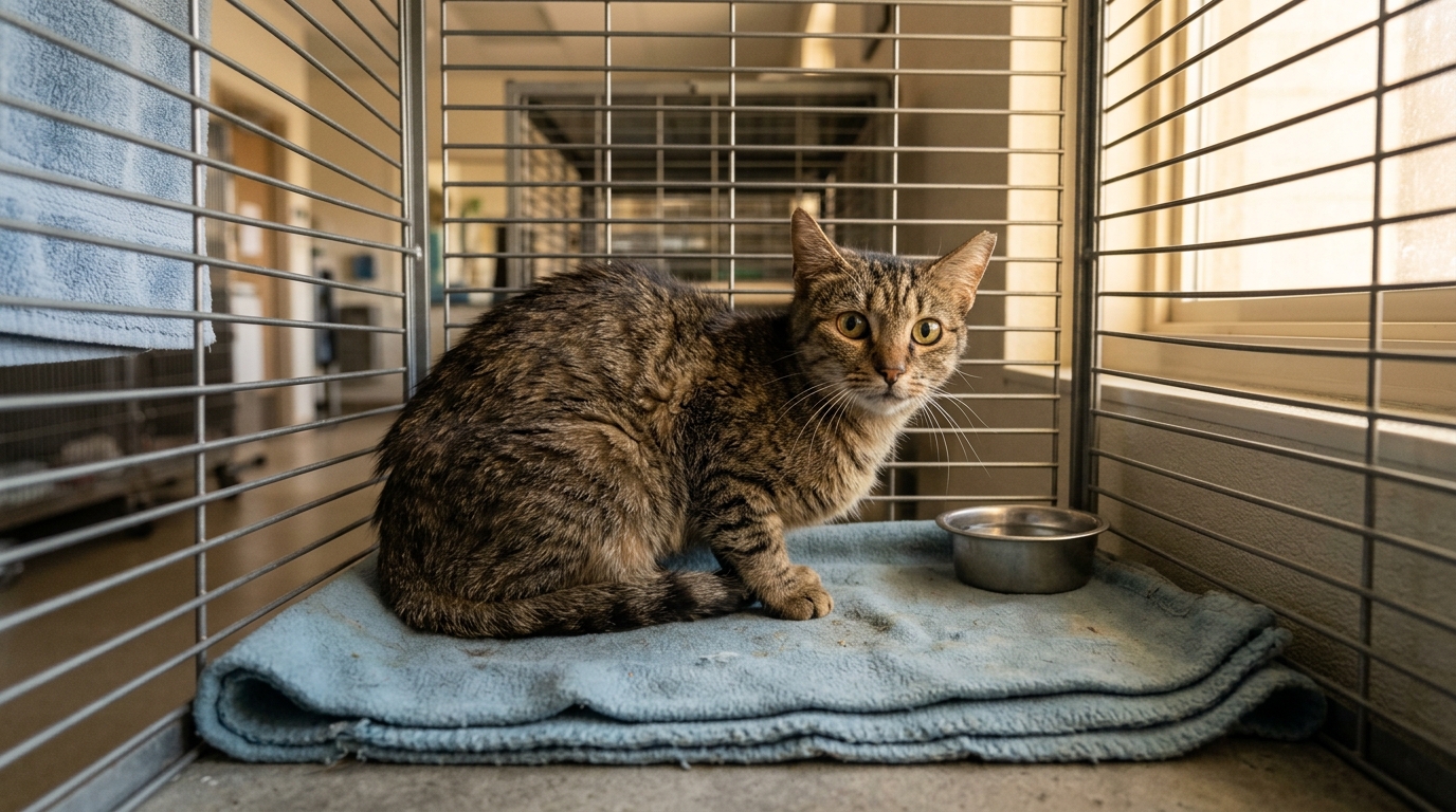 Chat amaigri et apeuré dans une cage de refuge