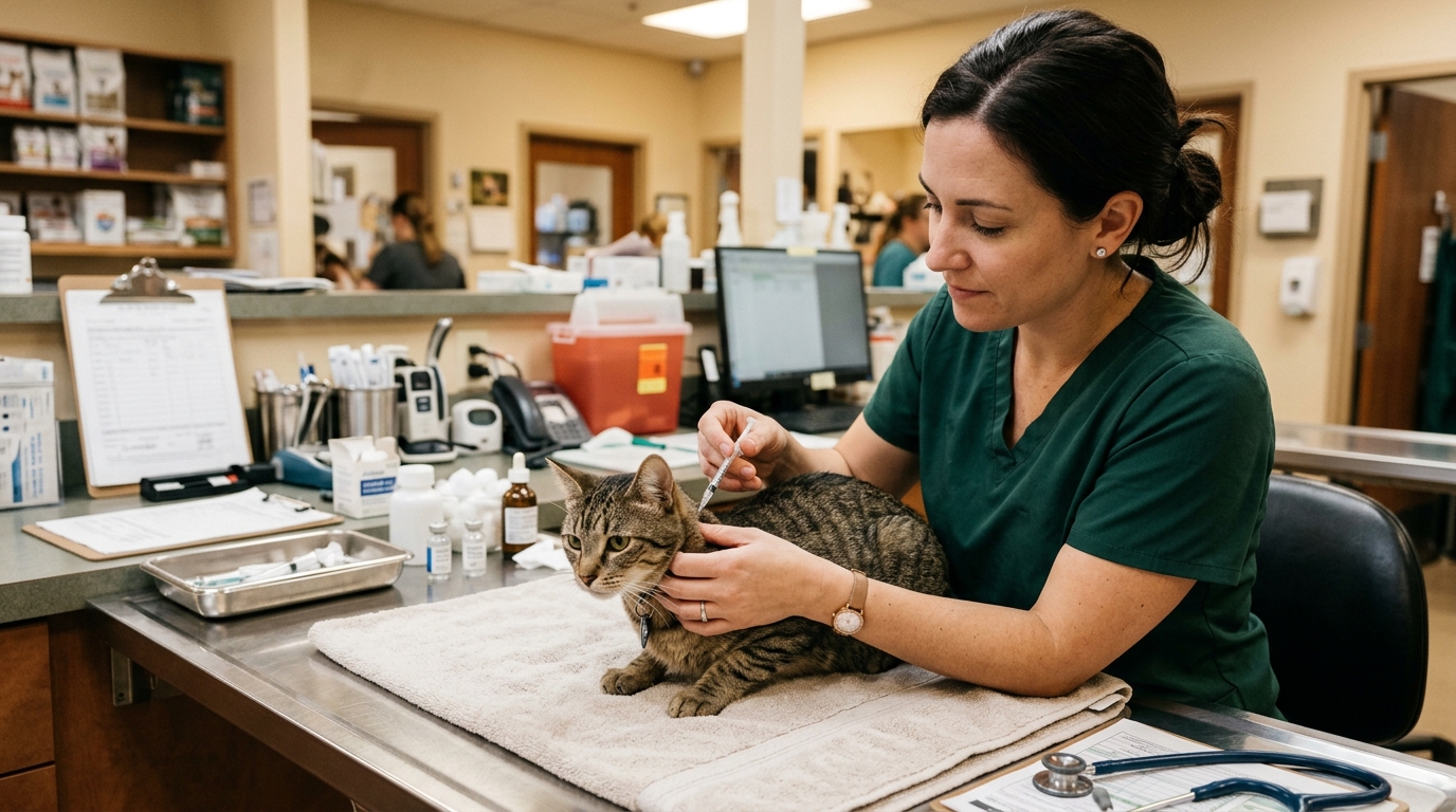 Bénévole administrant un traitement à l'insuline à un chat