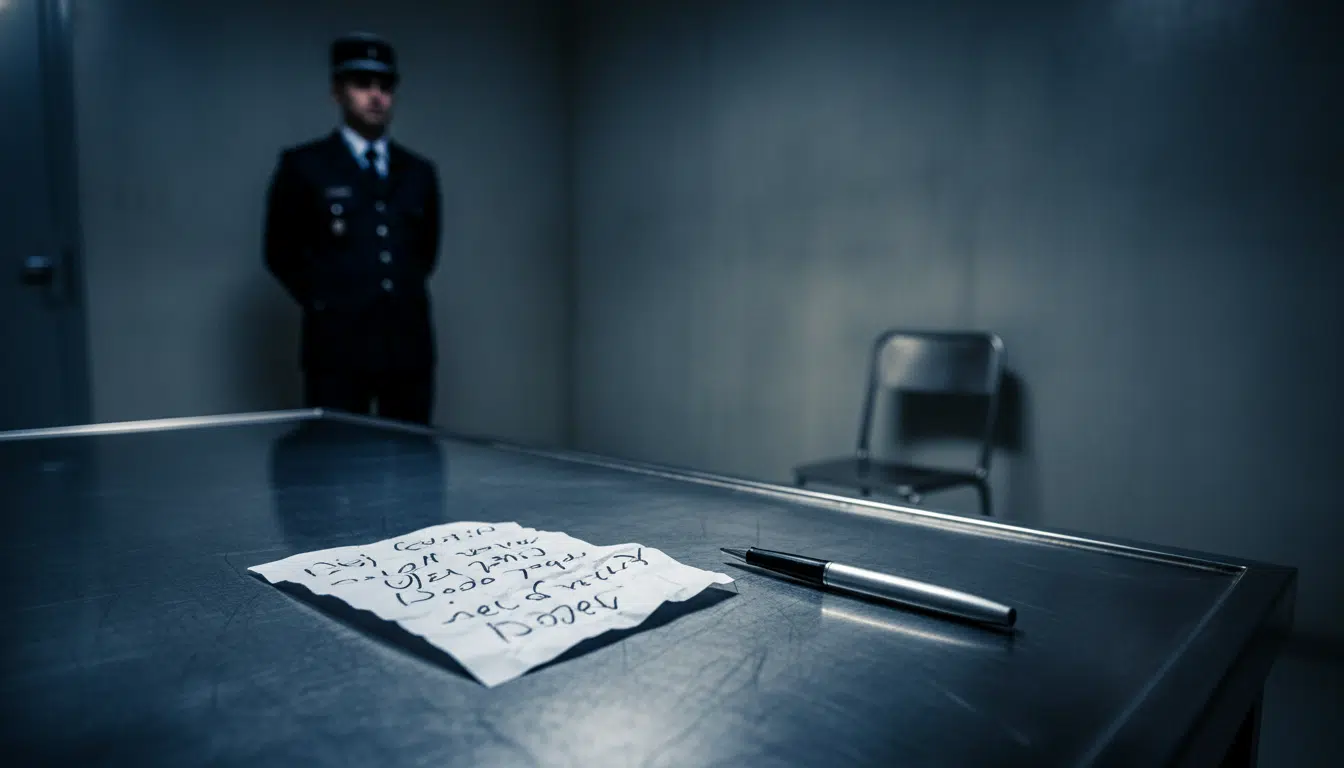 Lettre manuscrite dans une salle d'audition de gendarmerie