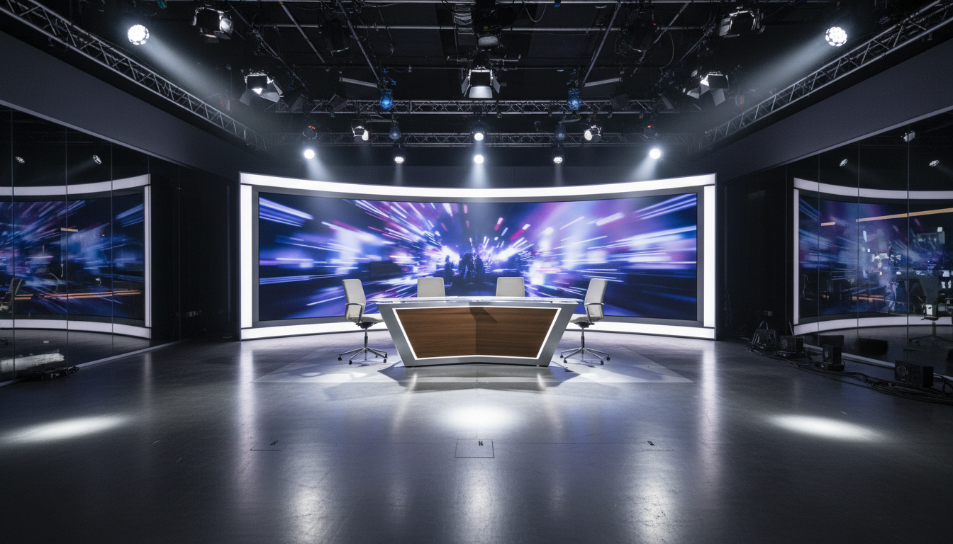 Plateau de télévision diffusant des images de l'affaire