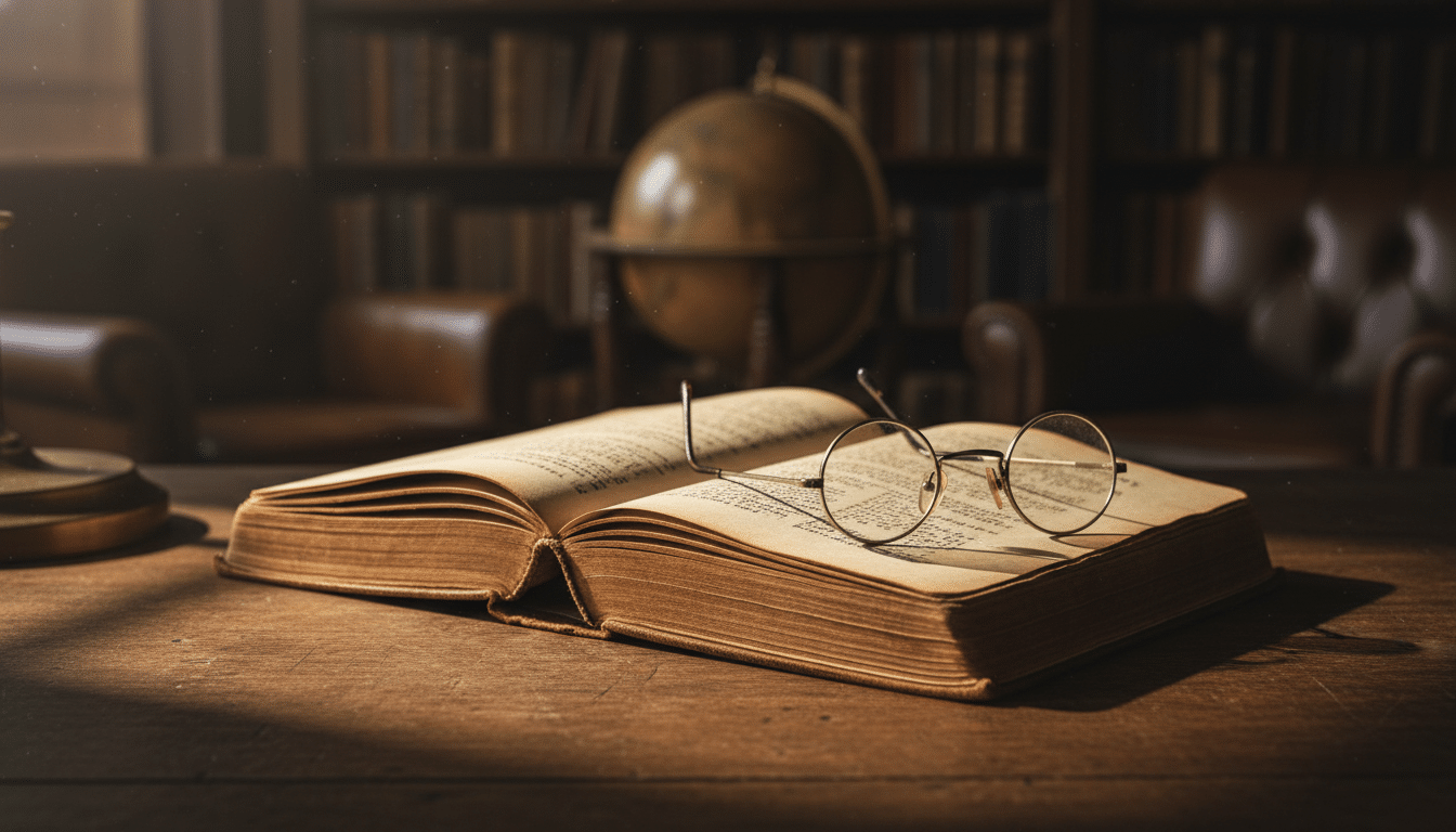 Livre ouvert sur un bureau éclairé à la lumière dorée