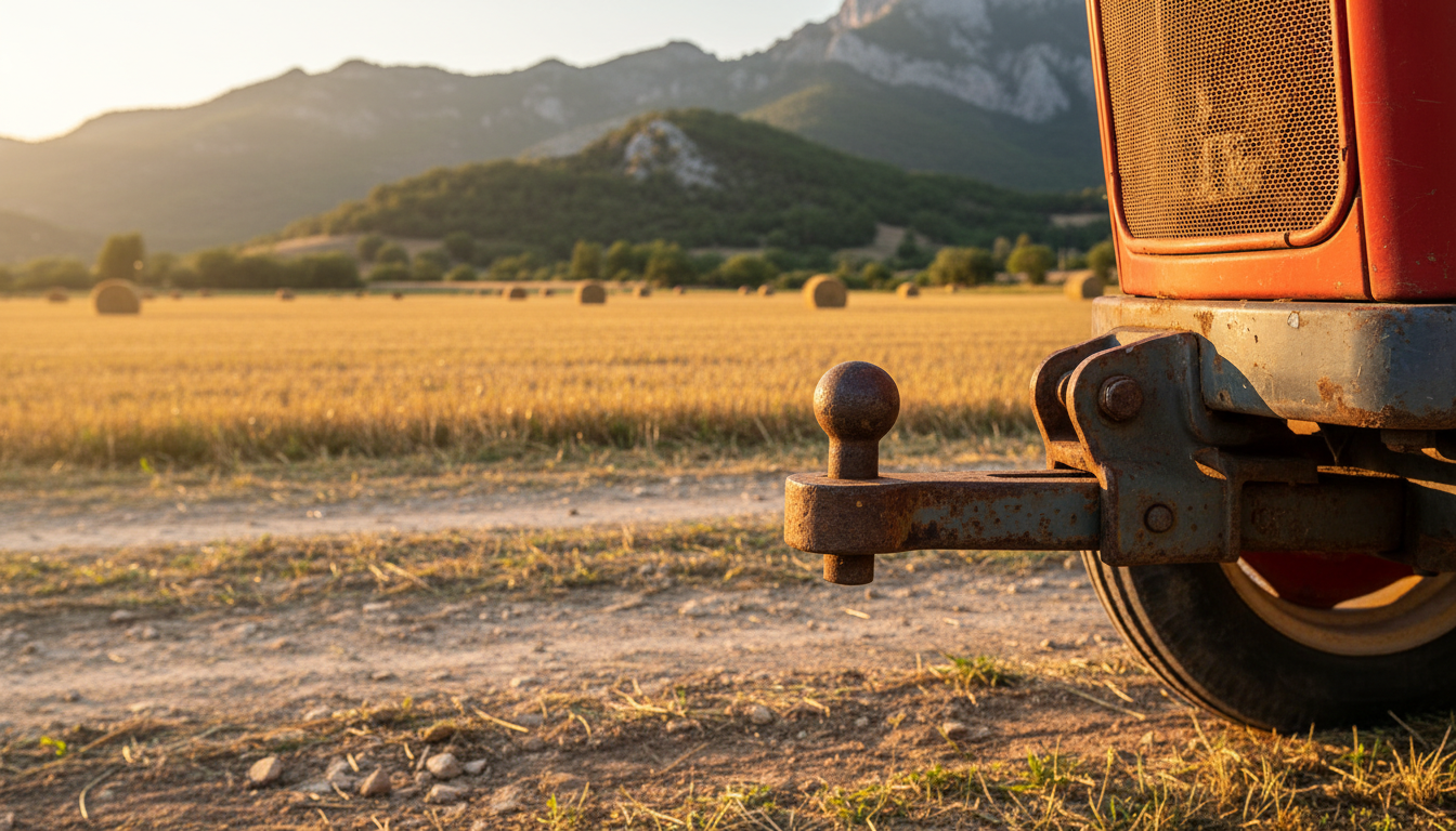 Boule d'attelage d'un tracteur agricole dans un champ